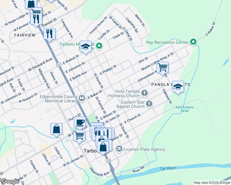 map of restaurants, bars, coffee shops, grocery stores, and more near 904 Cofield Street in Tarboro