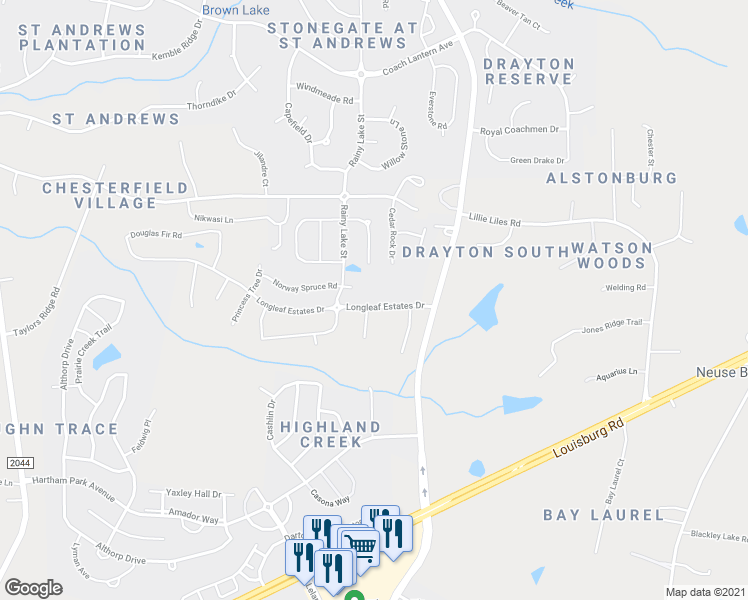 map of restaurants, bars, coffee shops, grocery stores, and more near 2608 Forestville Road in Wake Forest