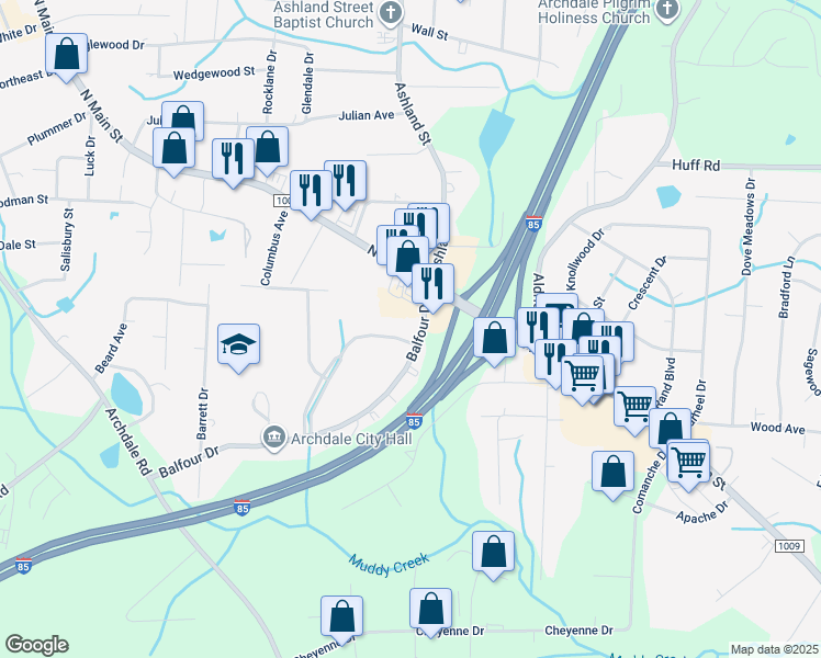 map of restaurants, bars, coffee shops, grocery stores, and more near 118 Balfour Drive in Archdale