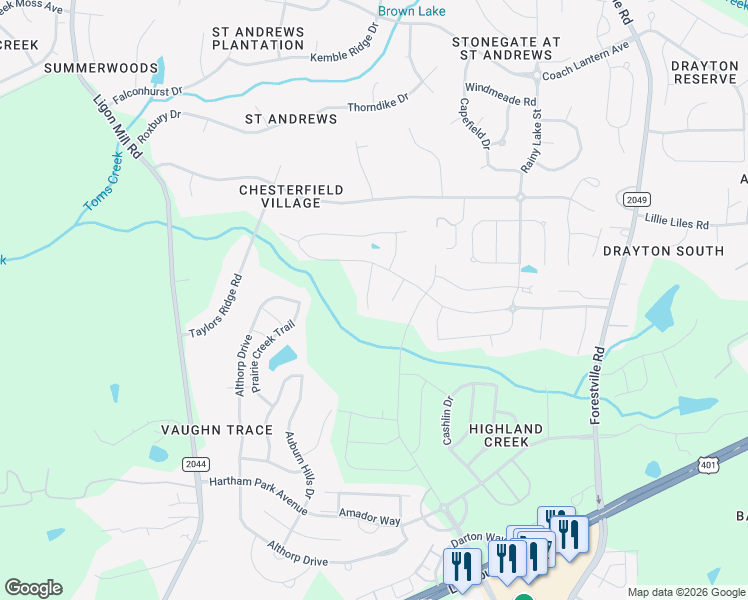 map of restaurants, bars, coffee shops, grocery stores, and more near 2613 Nordmann Fir Road in Wake Forest