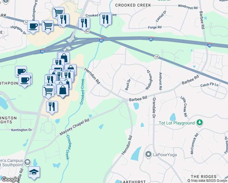 map of restaurants, bars, coffee shops, grocery stores, and more near 6607 Winding Arch Drive in Durham