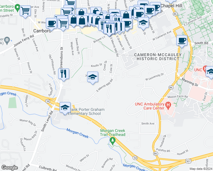 map of restaurants, bars, coffee shops, grocery stores, and more near 719 South Merritt Mill Road in Chapel Hill