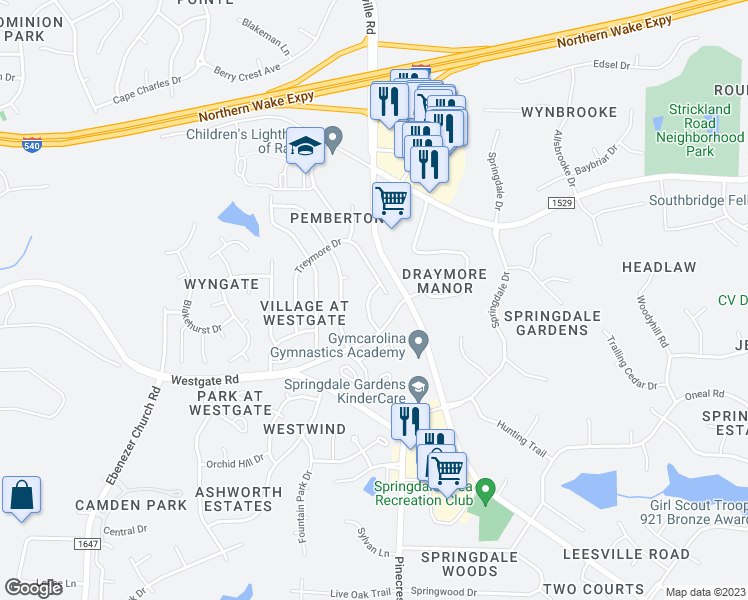 map of restaurants, bars, coffee shops, grocery stores, and more near 9428 Tweeds Mill Road in Raleigh