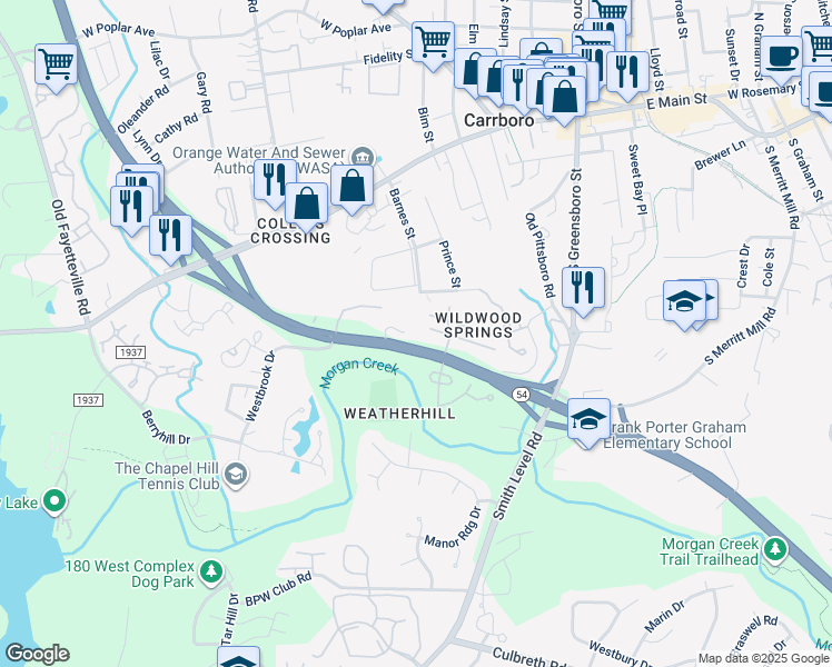 map of restaurants, bars, coffee shops, grocery stores, and more near 113 Walden Drive in Carrboro