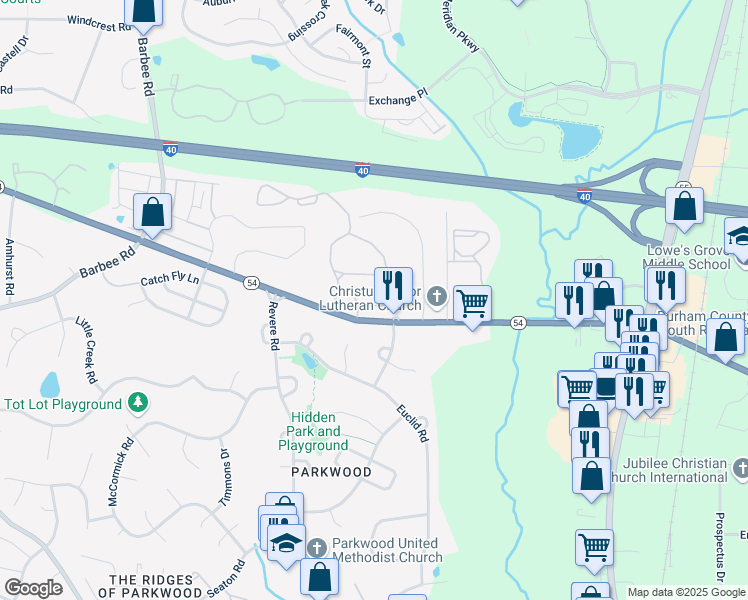 map of restaurants, bars, coffee shops, grocery stores, and more near 1519 Savannah Place in Durham