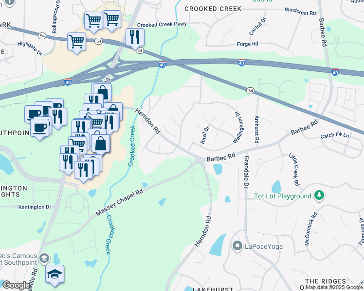map of restaurants, bars, coffee shops, grocery stores, and more near 6607 Winding Arch Drive in Durham