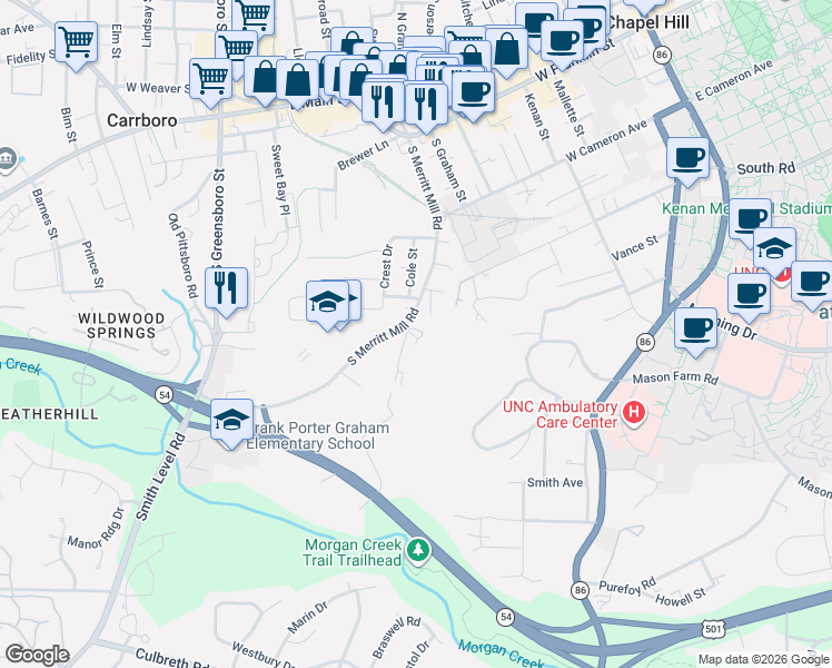 map of restaurants, bars, coffee shops, grocery stores, and more near 706 South Merritt Mill Road in Chapel Hill