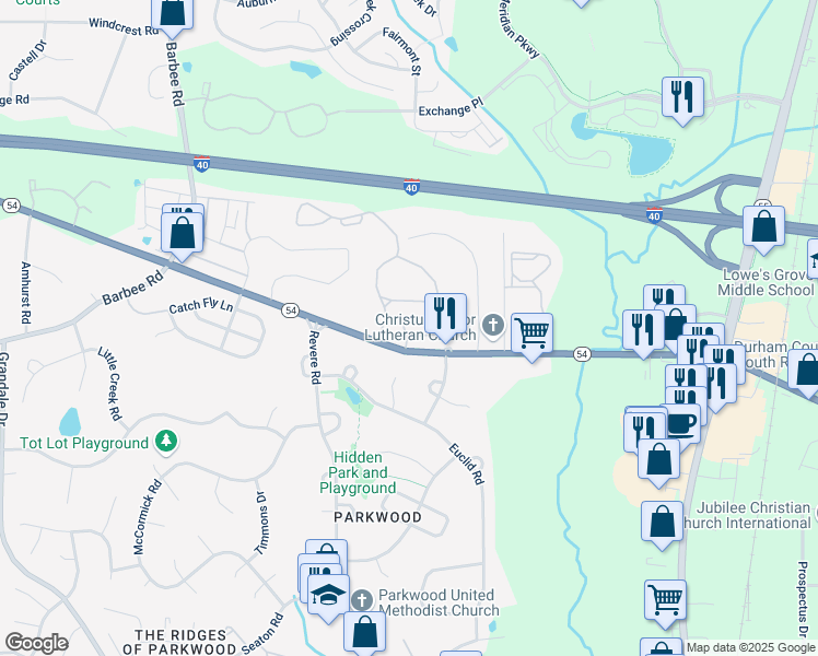 map of restaurants, bars, coffee shops, grocery stores, and more near 1519 Savannah Place in Durham