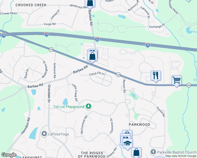 map of restaurants, bars, coffee shops, grocery stores, and more near 1104 Lotus Lilly Drive in Durham