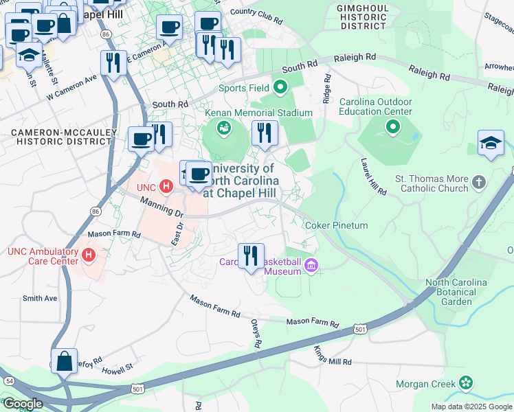 map of restaurants, bars, coffee shops, grocery stores, and more near 385 Manning Drive in Chapel Hill