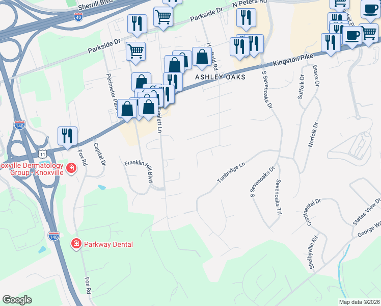 map of restaurants, bars, coffee shops, grocery stores, and more near 9620 Cotesworth Lane in Knoxville