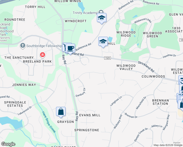 map of restaurants, bars, coffee shops, grocery stores, and more near 8708 Harrogate Court in Raleigh