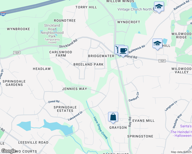 map of restaurants, bars, coffee shops, grocery stores, and more near 8820 Braceridge Road in Raleigh