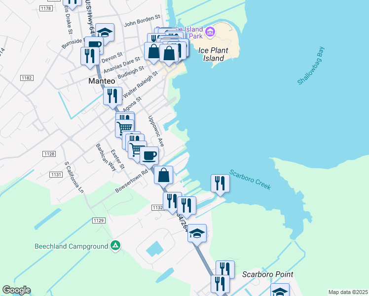 map of restaurants, bars, coffee shops, grocery stores, and more near 100 Grenville Street in Manteo