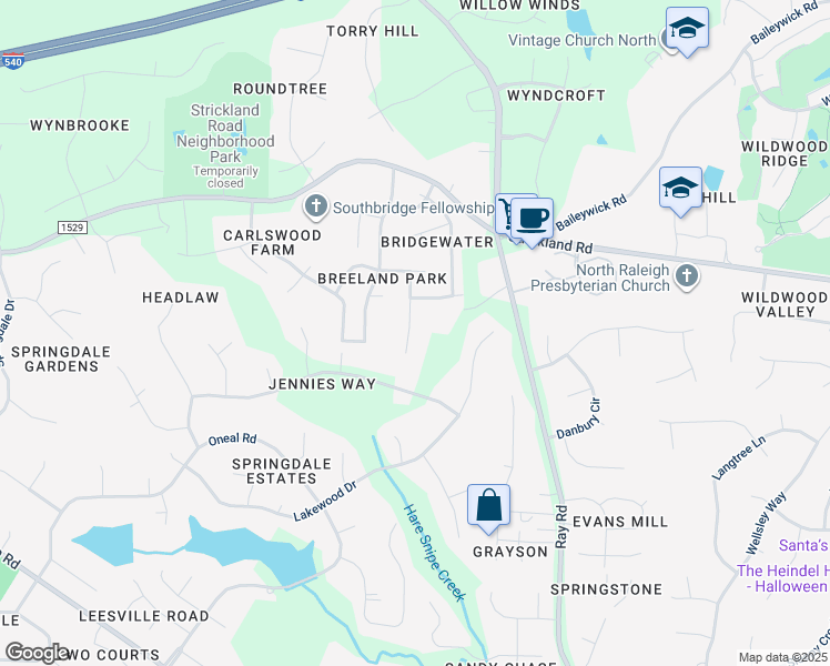 map of restaurants, bars, coffee shops, grocery stores, and more near 8820 Braceridge Road in Raleigh