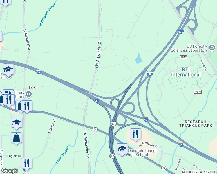 map of restaurants, bars, coffee shops, grocery stores, and more near 79 T W Alexander Drive in Durham