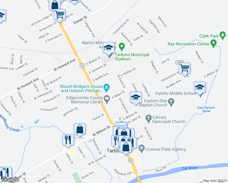 map of restaurants, bars, coffee shops, grocery stores, and more near 904 Saint Patrick Street in Tarboro
