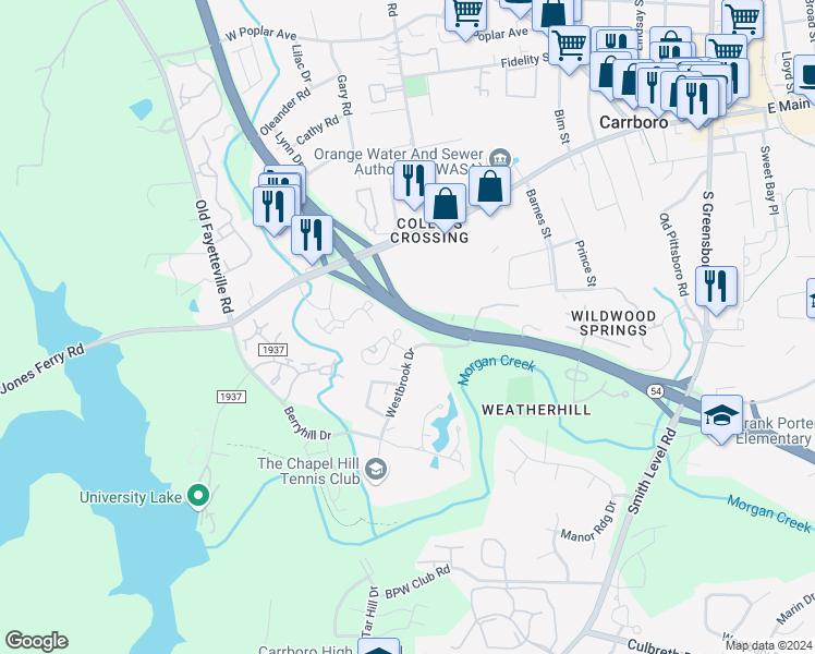 map of restaurants, bars, coffee shops, grocery stores, and more near 116 Westbrook Drive in Carrboro