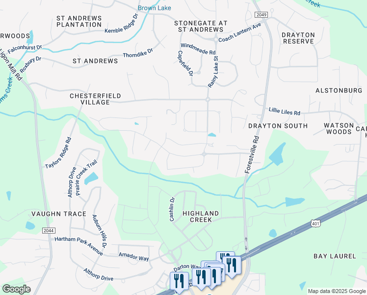 map of restaurants, bars, coffee shops, grocery stores, and more near 3449 Norway Spruce Road in Wake Forest