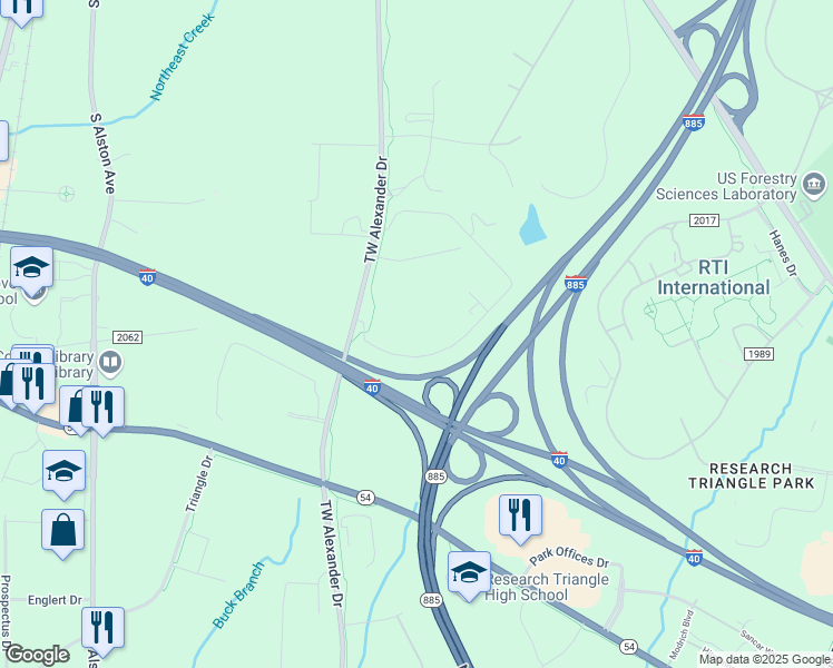 map of restaurants, bars, coffee shops, grocery stores, and more near Durham Freeway in Durham County
