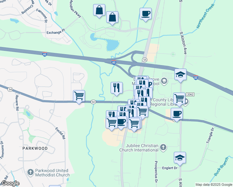 map of restaurants, bars, coffee shops, grocery stores, and more near 201 Residence Inn Boulevard in Durham