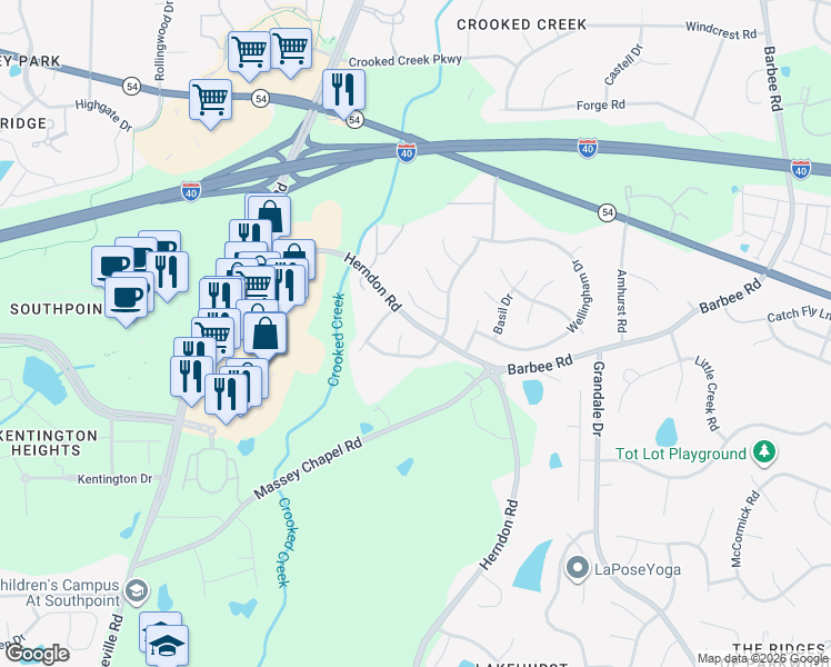 map of restaurants, bars, coffee shops, grocery stores, and more near 6703 Somerknoll Drive in Durham