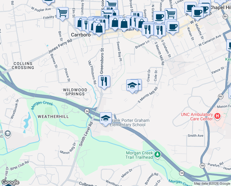 map of restaurants, bars, coffee shops, grocery stores, and more near 212 Purple Leaf Place in Carrboro