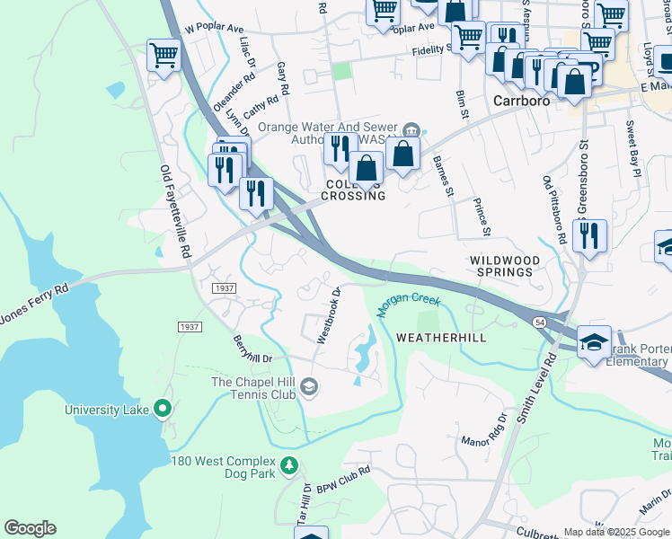 map of restaurants, bars, coffee shops, grocery stores, and more near 130 Beechwood Drive in Carrboro