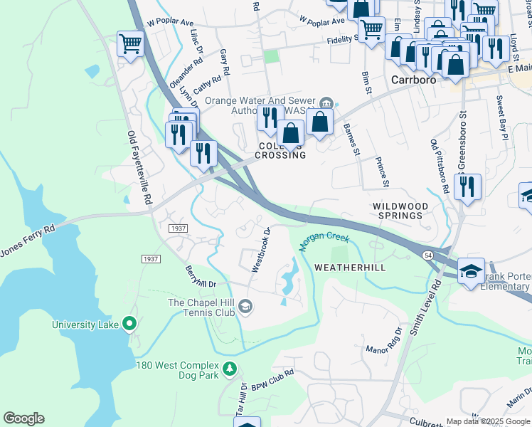 map of restaurants, bars, coffee shops, grocery stores, and more near 130 Beechwood Drive in Carrboro