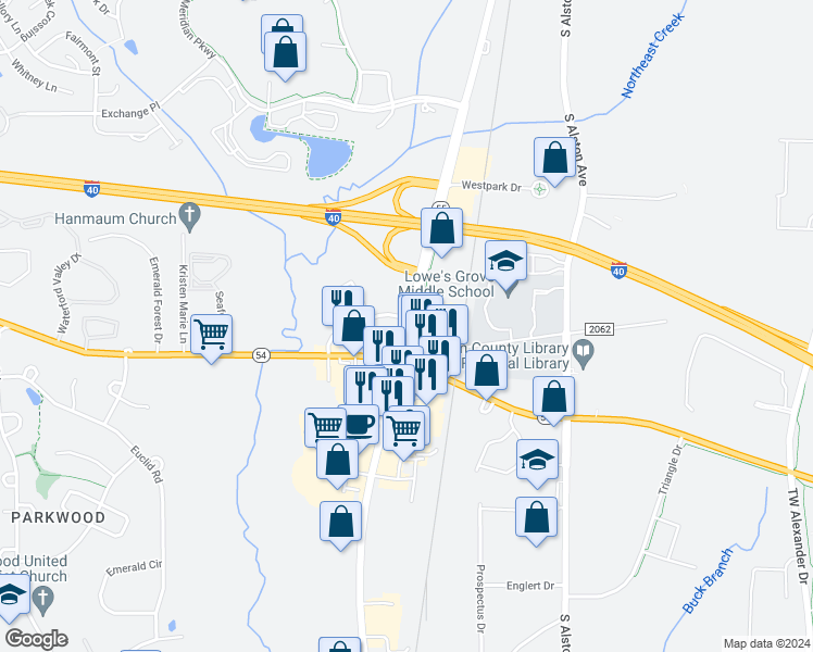 map of restaurants, bars, coffee shops, grocery stores, and more near 4614 Apex Highway in Durham