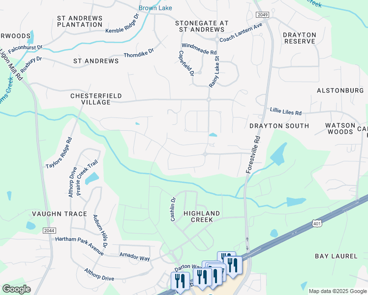 map of restaurants, bars, coffee shops, grocery stores, and more near 3449 Norway Spruce Road in Wake Forest