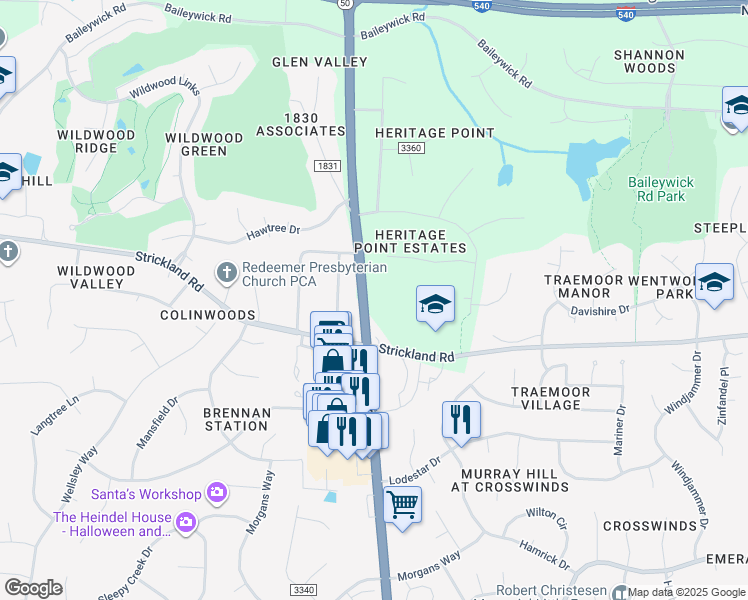 map of restaurants, bars, coffee shops, grocery stores, and more near 8424 Creedmoor Road in Raleigh