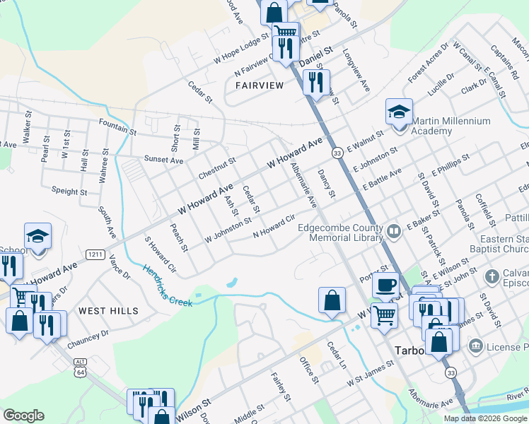 map of restaurants, bars, coffee shops, grocery stores, and more near 1101 Cedar Street in Tarboro