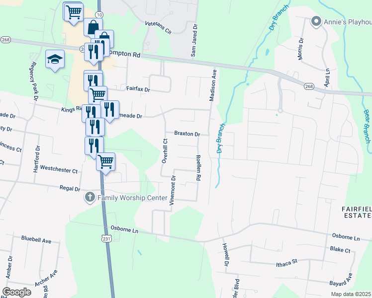 map of restaurants, bars, coffee shops, grocery stores, and more near 319 Kirtley Court in Murfreesboro