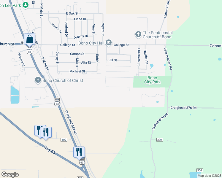 map of restaurants, bars, coffee shops, grocery stores, and more near 223 Woodland Trail in Bono