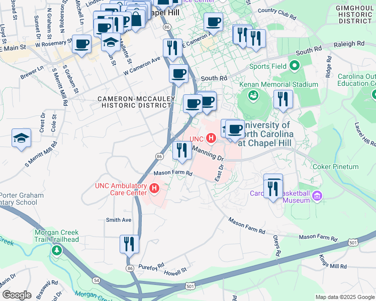map of restaurants, bars, coffee shops, grocery stores, and more near 116 Manning Drive in Chapel Hill