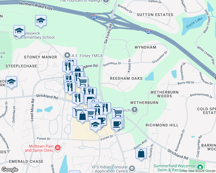 map of restaurants, bars, coffee shops, grocery stores, and more near 100 Reedham Way in Raleigh