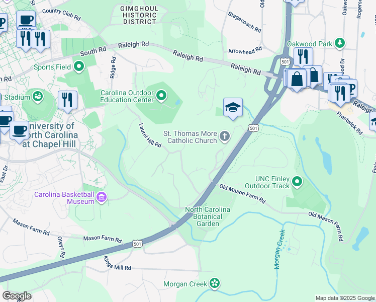 map of restaurants, bars, coffee shops, grocery stores, and more near 100 Laurel Hill Circle in Chapel Hill