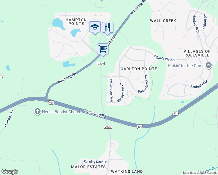 map of restaurants, bars, coffee shops, grocery stores, and more near 226 Kew Gardens Way in Rolesville