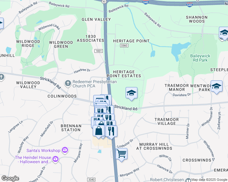 map of restaurants, bars, coffee shops, grocery stores, and more near 8424 Creedmoor Road in Raleigh