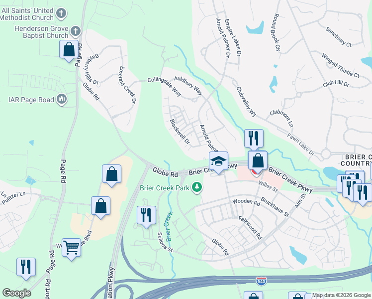 map of restaurants, bars, coffee shops, grocery stores, and more near 9820 Blackwell Drive in Raleigh