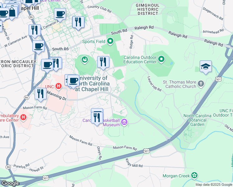 map of restaurants, bars, coffee shops, grocery stores, and more near in Chapel Hill