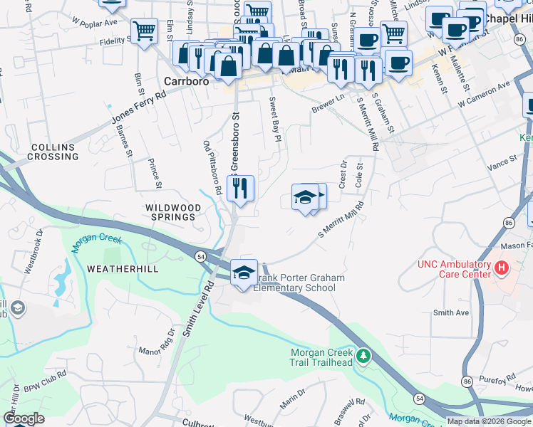 map of restaurants, bars, coffee shops, grocery stores, and more near 212 Purple Leaf Place in Carrboro