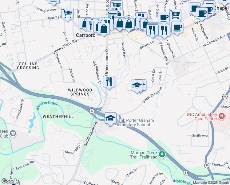 map of restaurants, bars, coffee shops, grocery stores, and more near 212 Purple Leaf Place in Carrboro