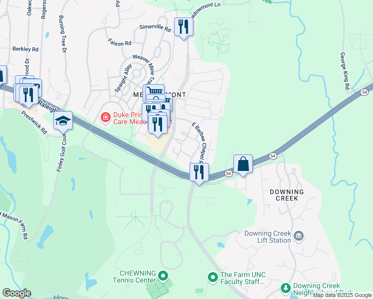map of restaurants, bars, coffee shops, grocery stores, and more near 1518 Village Crossing Drive in Chapel Hill