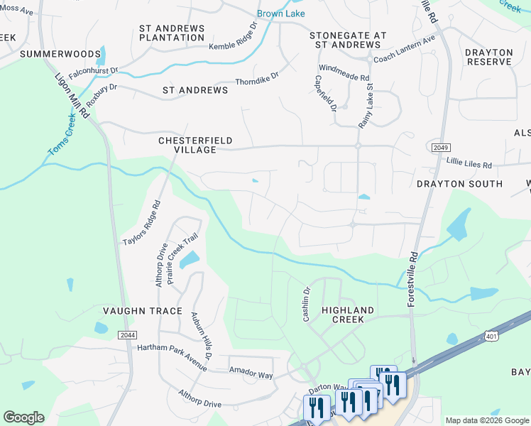 map of restaurants, bars, coffee shops, grocery stores, and more near 2608 Red Spruce Drive in Wake Forest