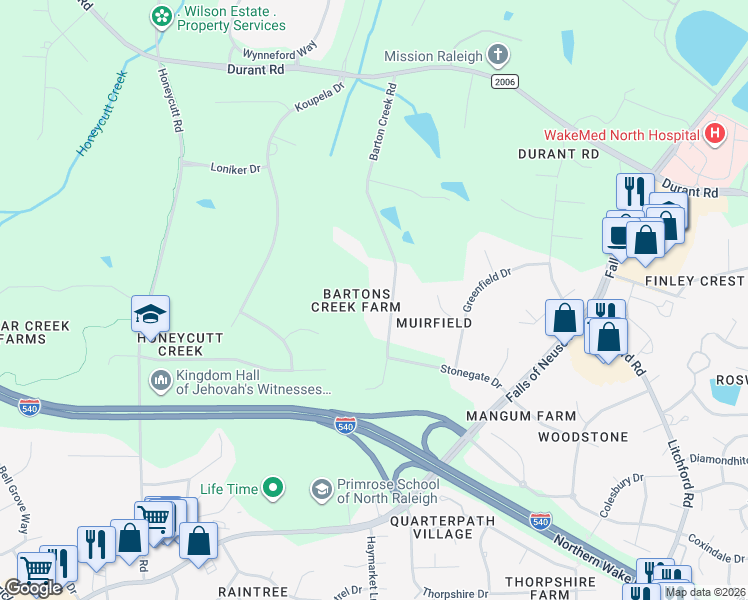 map of restaurants, bars, coffee shops, grocery stores, and more near 9421 Barton Creek Road in Raleigh