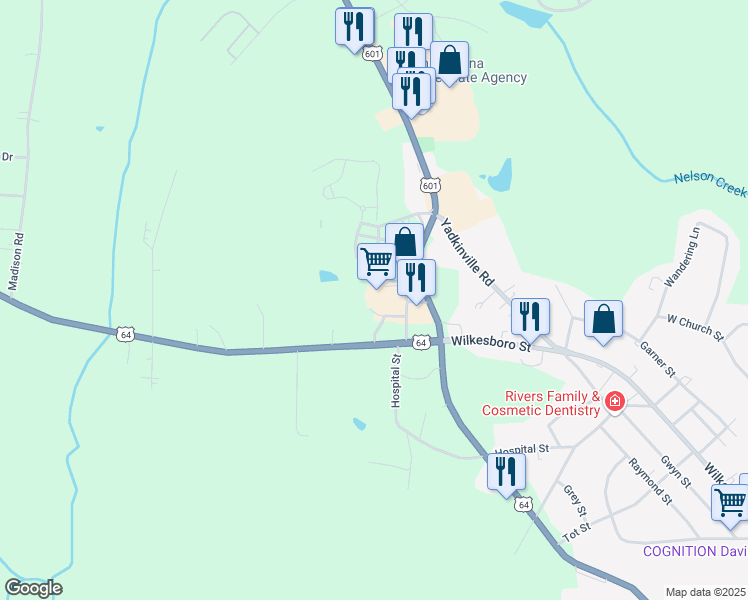 map of restaurants, bars, coffee shops, grocery stores, and more near 796 Valley Road in Mocksville