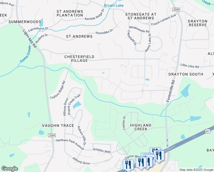 map of restaurants, bars, coffee shops, grocery stores, and more near 2608 Red Spruce Drive in Wake Forest
