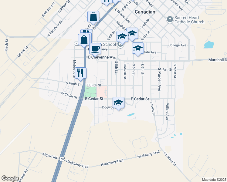 map of restaurants, bars, coffee shops, grocery stores, and more near 1015 South 5th Street in Canadian